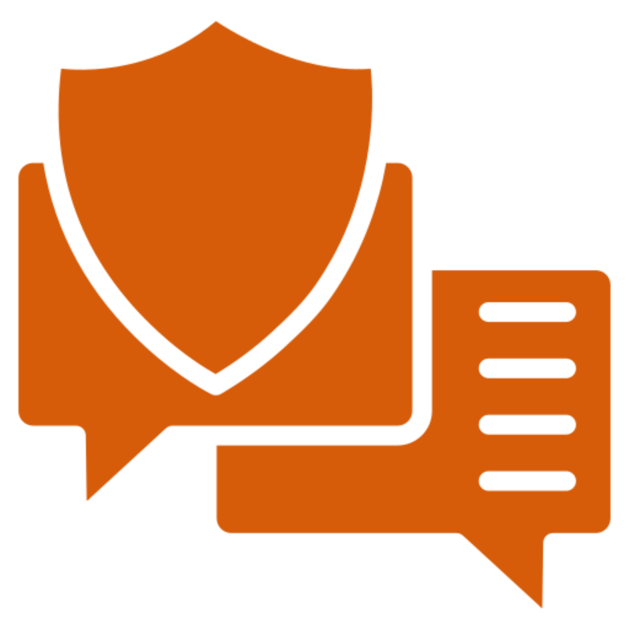 Shield with speech bubbles, orange on black.
