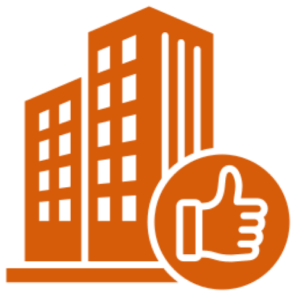 Orange buildings with a thumbs-up icon.