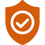 Orange shield with black checkmark icon.