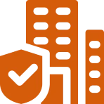 Orange buildings with a shield and checkmark.