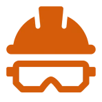 Orange hard hat and safety goggles icon.