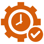 Clock gear icon with check mark.