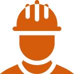 Icon of construction worker in hard hat.